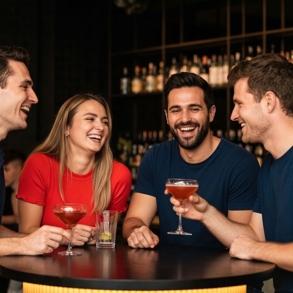 Friends laughing together at a modern bar, enjoying drinks and conversation