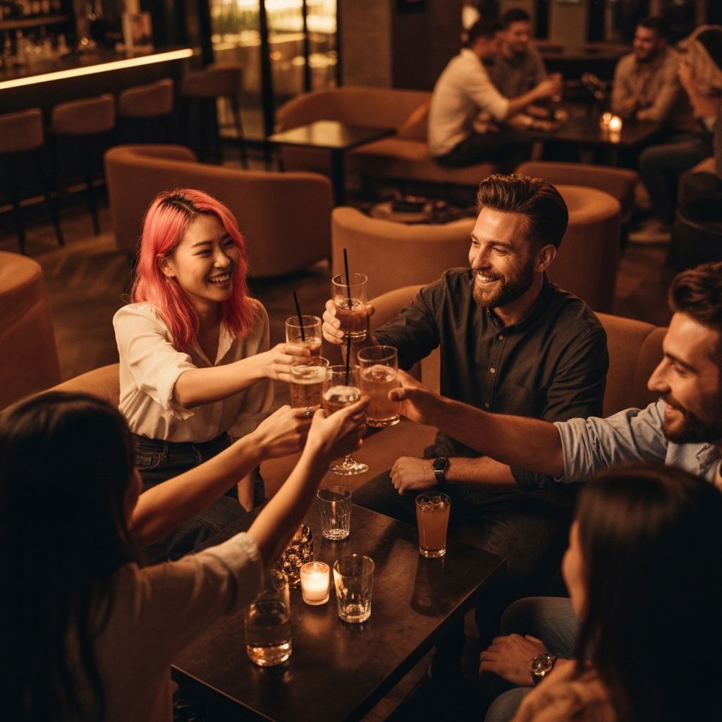 Happy friends meeting at a modern bar, building friendships through DATE-INN's social discovery features